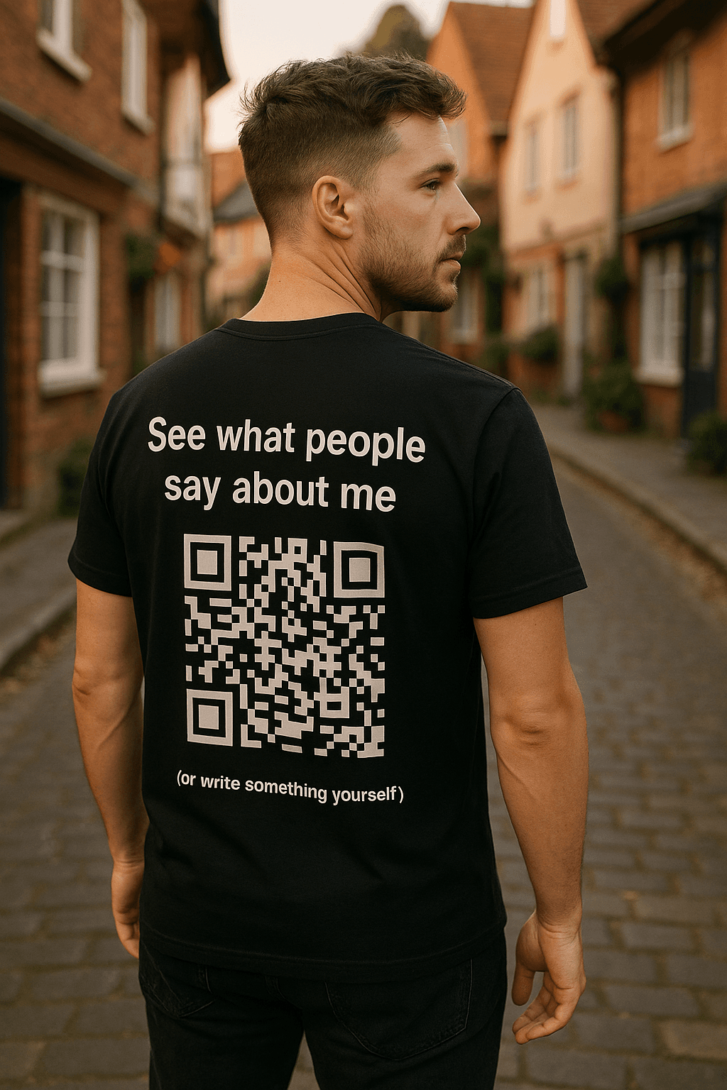 Person wearing social.fabric t-shirt with QR code
